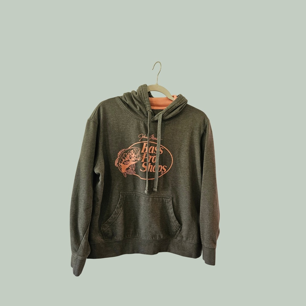 Bass Pro Shops Johnny Morris Graphic Hoodie Gray Peach Women Medium RN74747